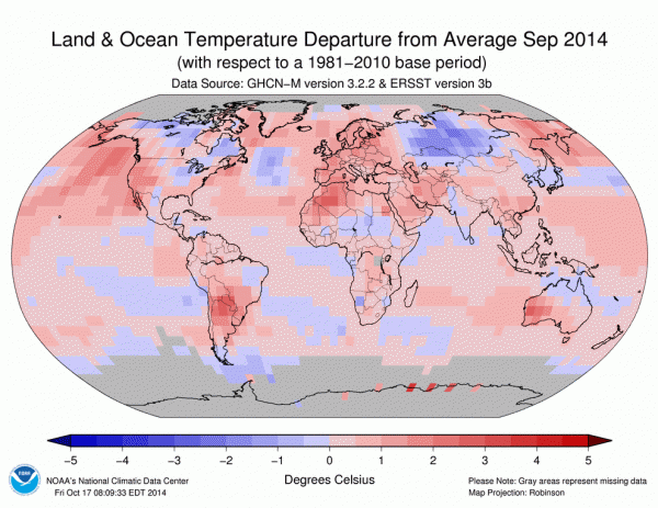 A 2014 szeptemberében mért hőmérséklet eltérése az 1981-2010 közötti átlagtól